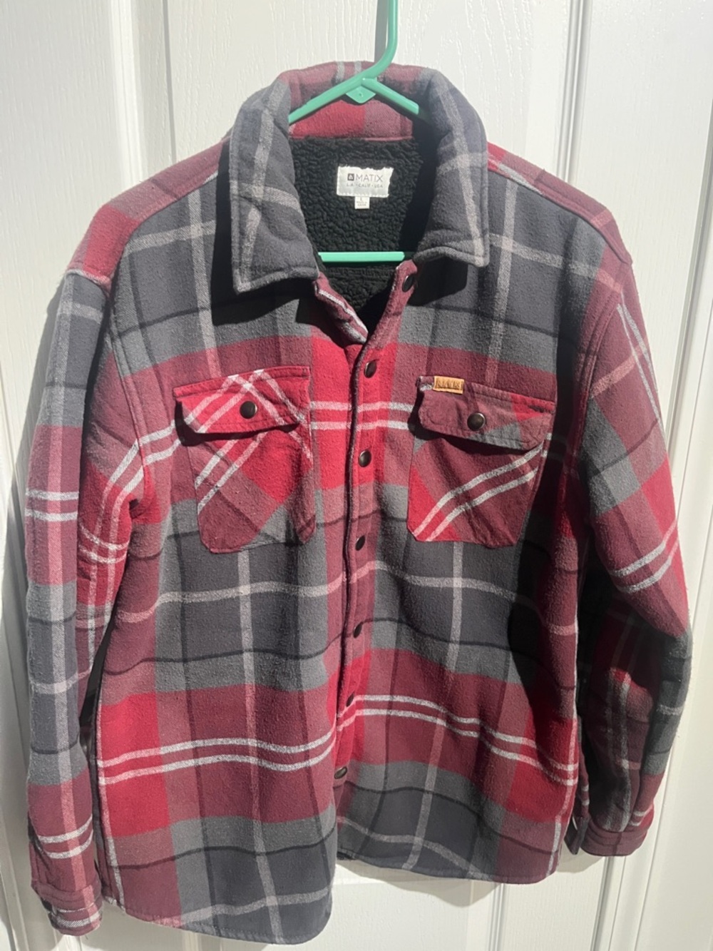 Matix Red and Gray Plaid Fleece Button-Up Shirt Jacket (shacket)